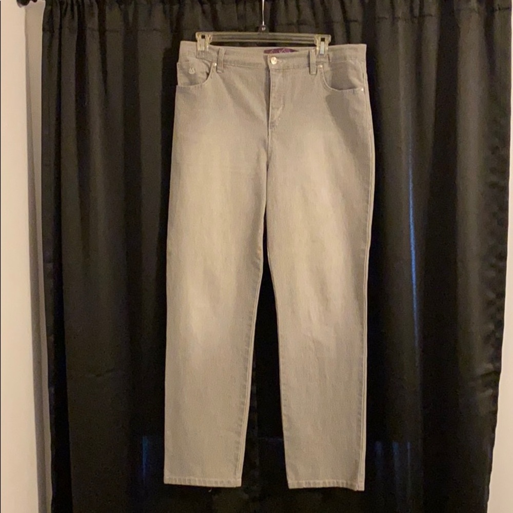 Gray pinstripe jeans.
